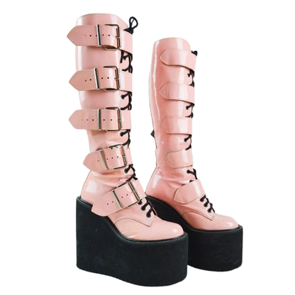 Funki Findz | Boots | Women's Pink Studded Belt Platform Boots