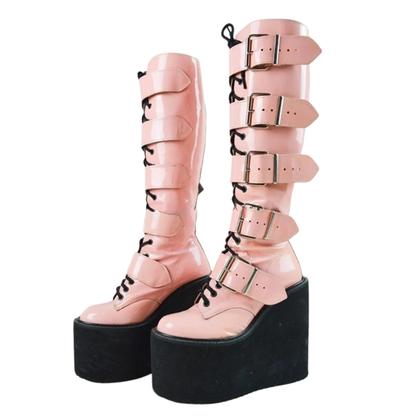 Funki Findz | Boots | Women's Pink Studded Belt Platform Boots