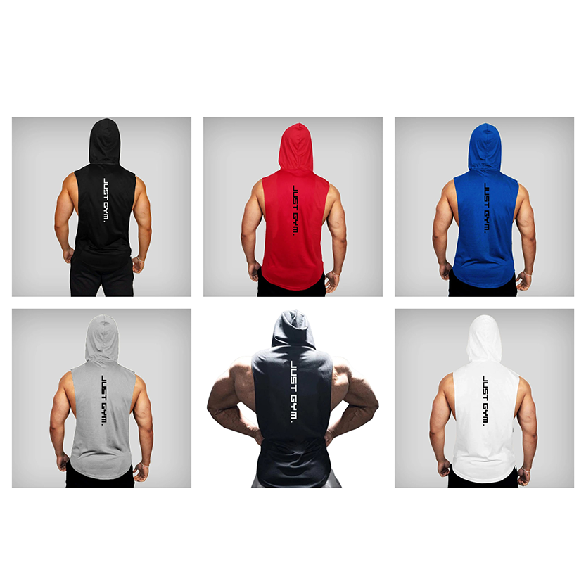 Six different colored sleeveless hoodies displayed on a white background