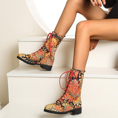 Funki Findz | Boots | Women's Flower Print Lace Up Calf Boots