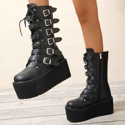 Funki Findz | Boots | Women's Buckle Strap Wedge Biker Boots