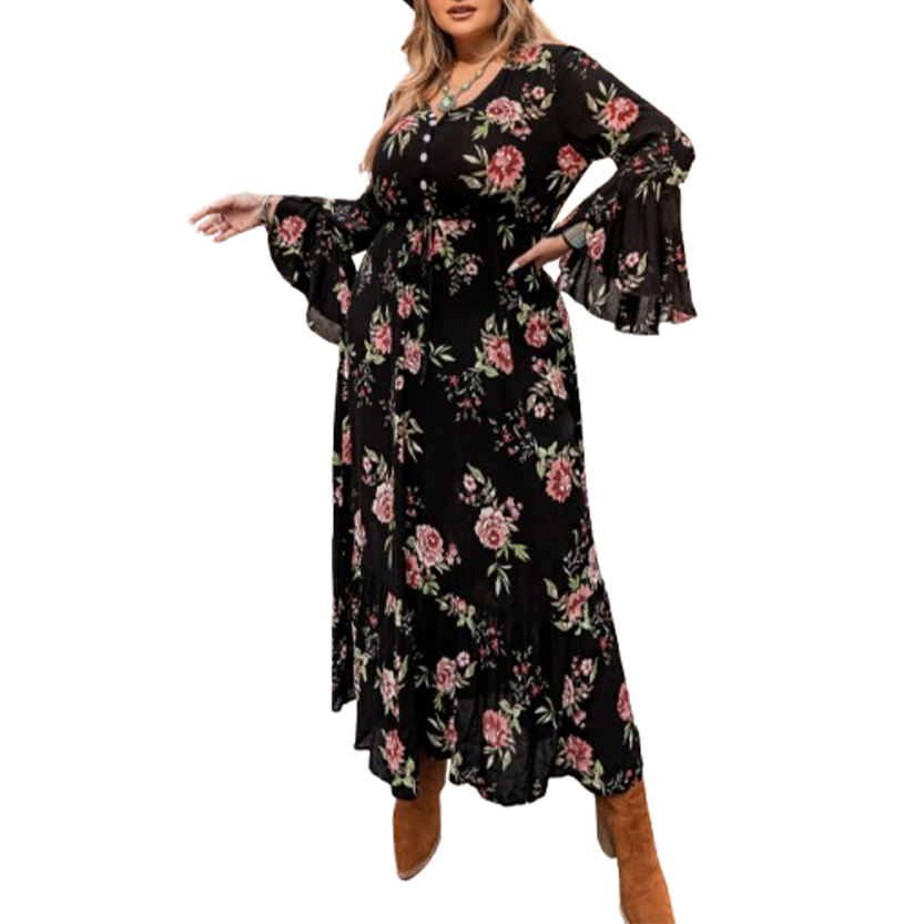 Funki Findz | Dresses | Women's Plus Floral Flare Sleeve Dress