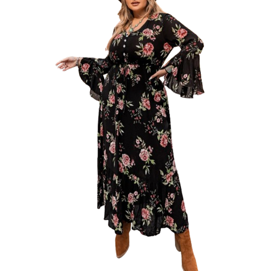 Funki Findz | Dresses | Women's Plus Floral Flare Sleeve Dress