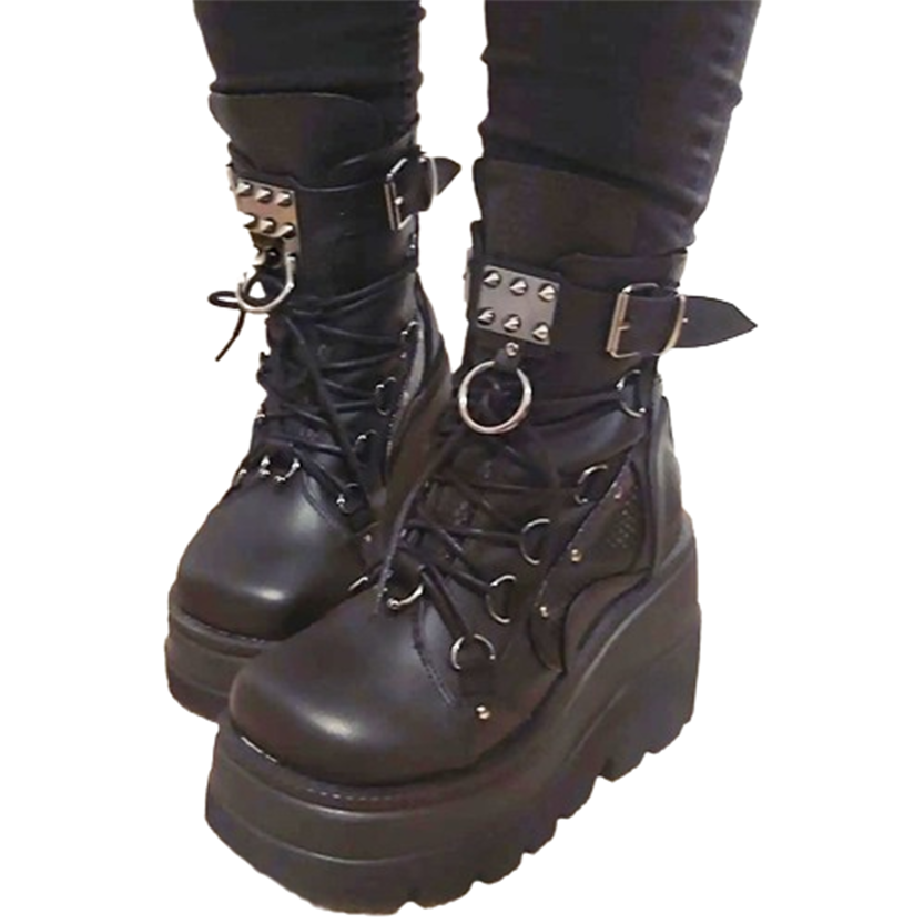 Funki Findz | Boots | Women's Goth Lace Up Platform Wedges