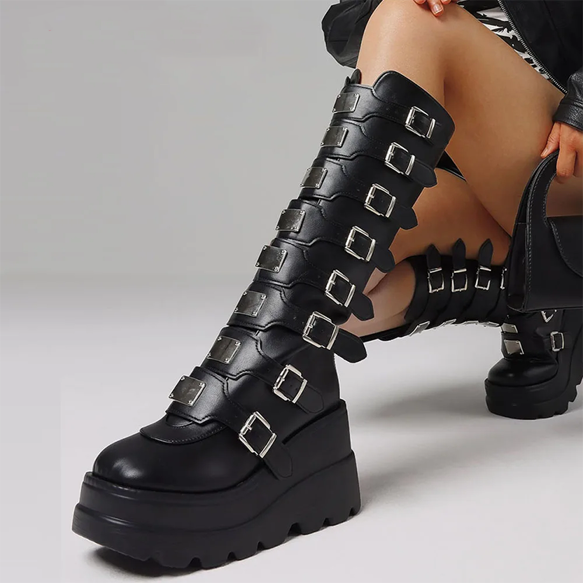 Funki Findz | Boots | Women's Punk Goth Multi Buckle Boots