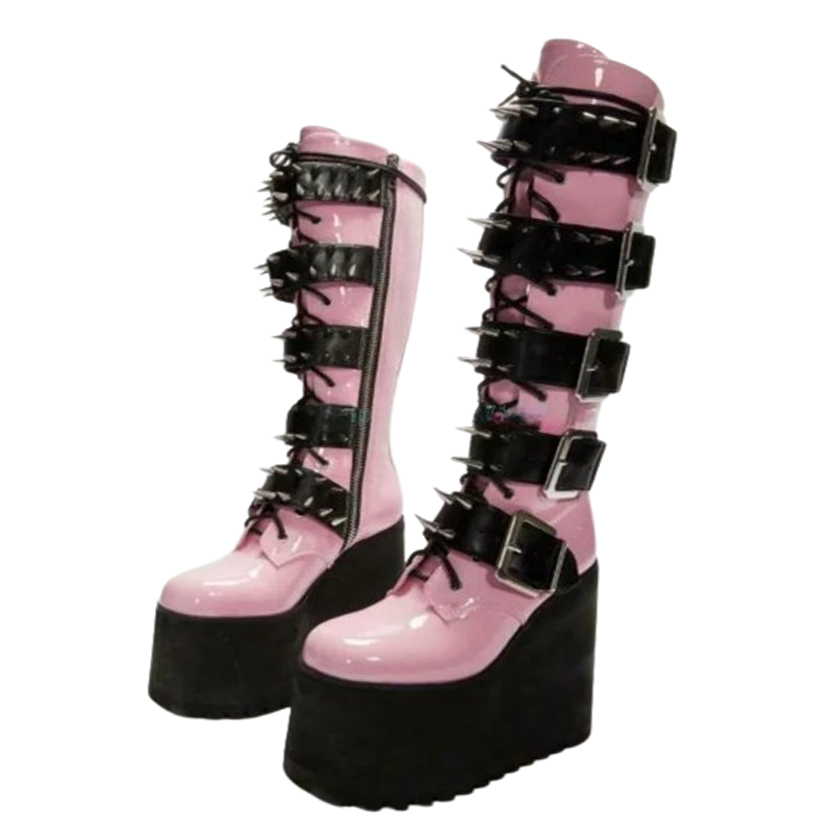 Funki Findz | Boots | Women's Pink Studded Belt Platform Boots