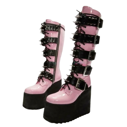 Funki Findz | Boots | Women's Pink Studded Belt Platform Boots
