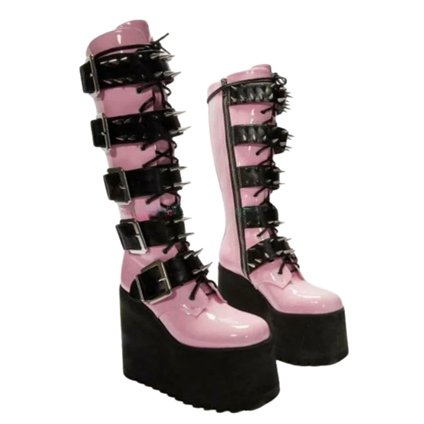 Funki Findz | Boots | Women's Pink Studded Belt Platform Boots