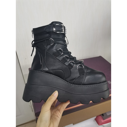 Funki Findz | Boots | Women's Goth Lace Up Platform Wedges