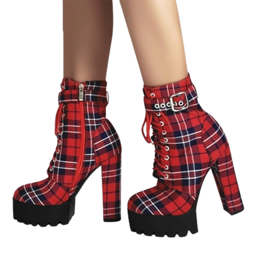 Funki Findz | Boots | Women's Plaid Buckle Strap Ankle Boots