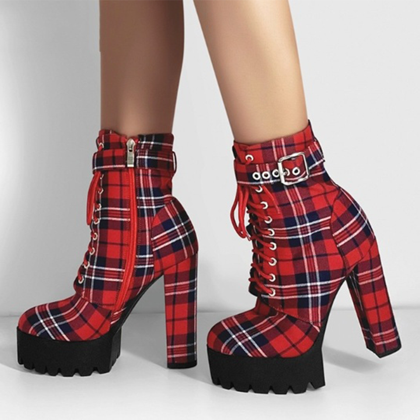 Funki Findz | Boots | Women's Plaid Buckle Strap Ankle Boots