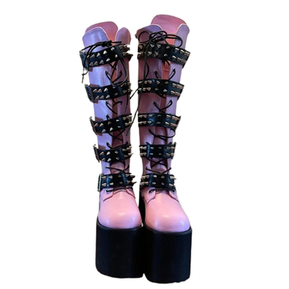 Funki Findz | Boots | Women's Pink Studded Belt Platform Boots