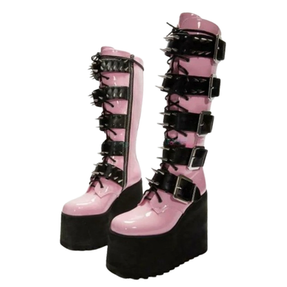 Funki Findz | Boots | Women's Pink Studded Belt Platform Boots