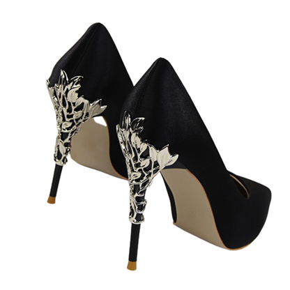 Funki Findz | Shoes | Women's Silk Stilettos | Metal Carved Heels