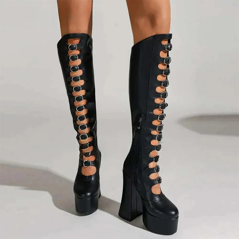 Funki Findz | Boots | Women's Cut Out Chunky Knee High Boots