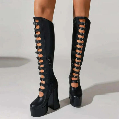 Funki Findz | Boots | Women's Cut Out Chunky Knee High Boots
