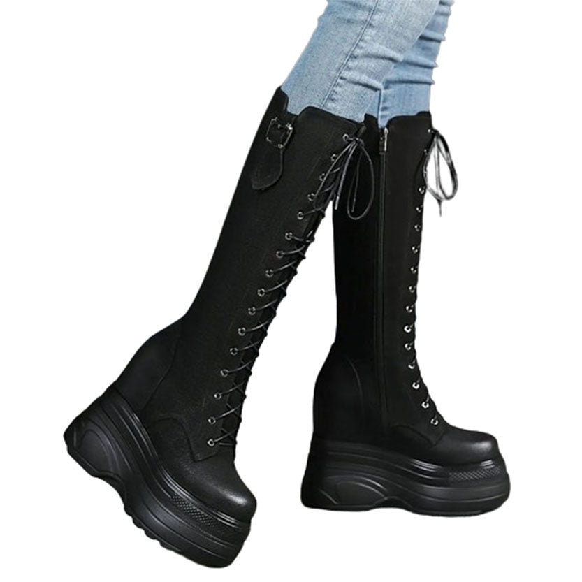 Funki Findz | Boots | Women's Leather Platform Lace Up Wedges