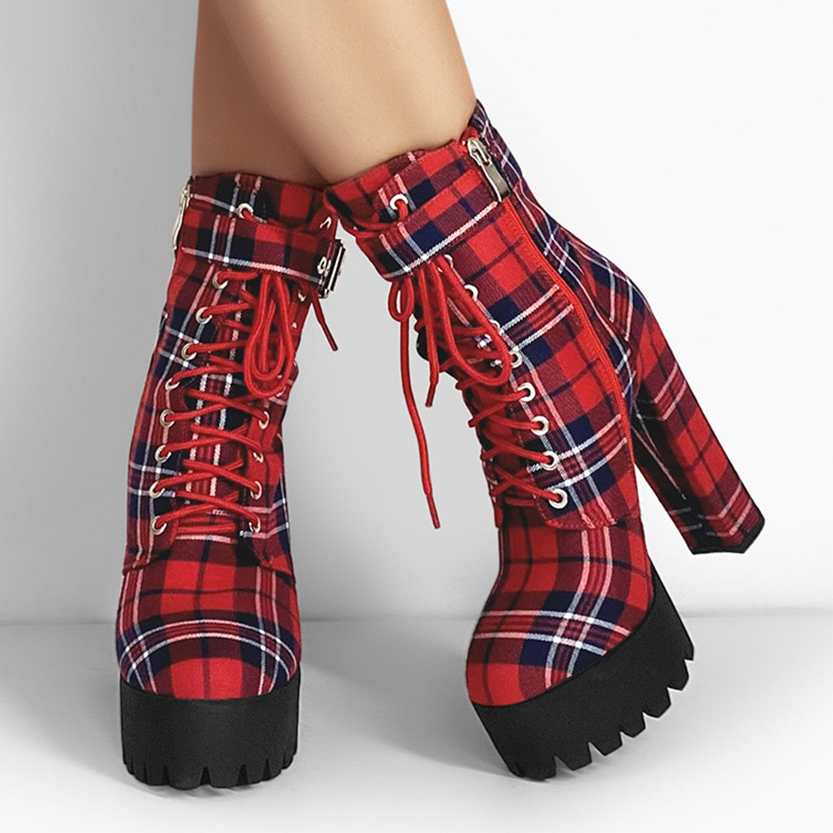 Funki Findz | Boots | Women's Plaid Buckle Strap Ankle Boots