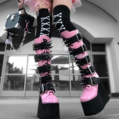 Funki Findz | Boots | Women's Pink Studded Belt Platform Boots