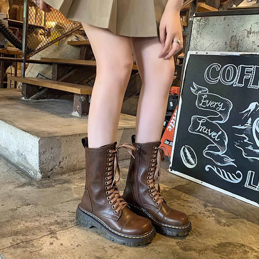 Funki Findz | Boots | Women's Brown Lace Up Calf Combat Boot