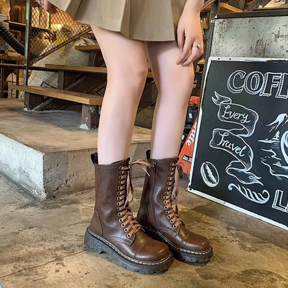 Funki Findz | Boots | Women's Brown Lace Up Calf Combat Boot