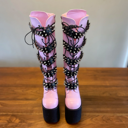 Funki Findz | Boots | Women's Pink Studded Belt Platform Boots
