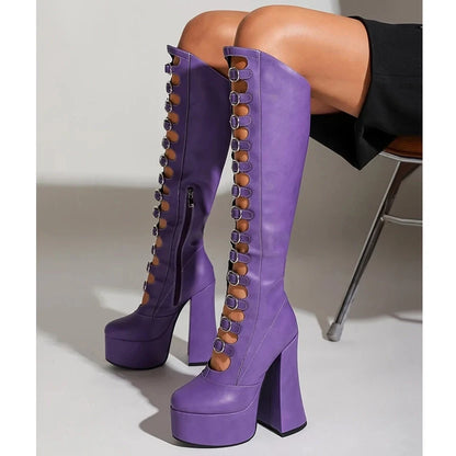 Funki Findz | Boots | Women's Cut Out Chunky Knee High Boots