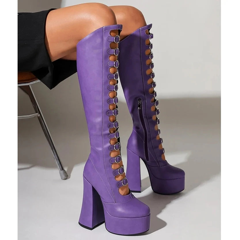 Funki Findz | Boots | Women's Cut Out Chunky Knee High Boots