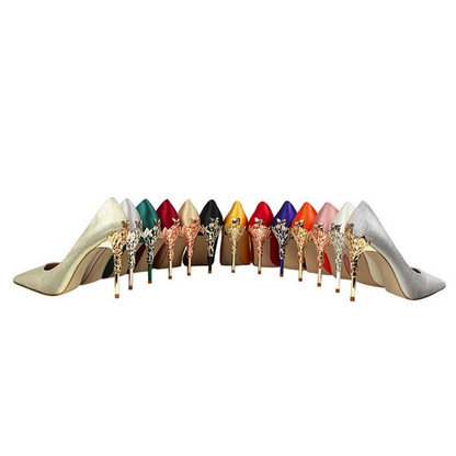 Funki Findz | Shoes | Women's Silk Stilettos | Metal Carved Heels