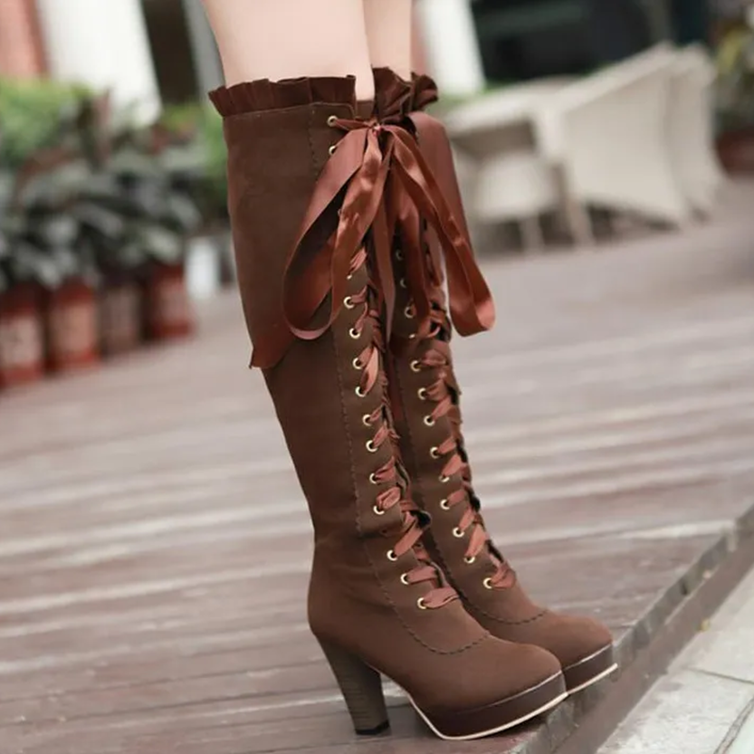 Funki Findz | Boots | Women's Over Knee Ribbon Lace Up Boots