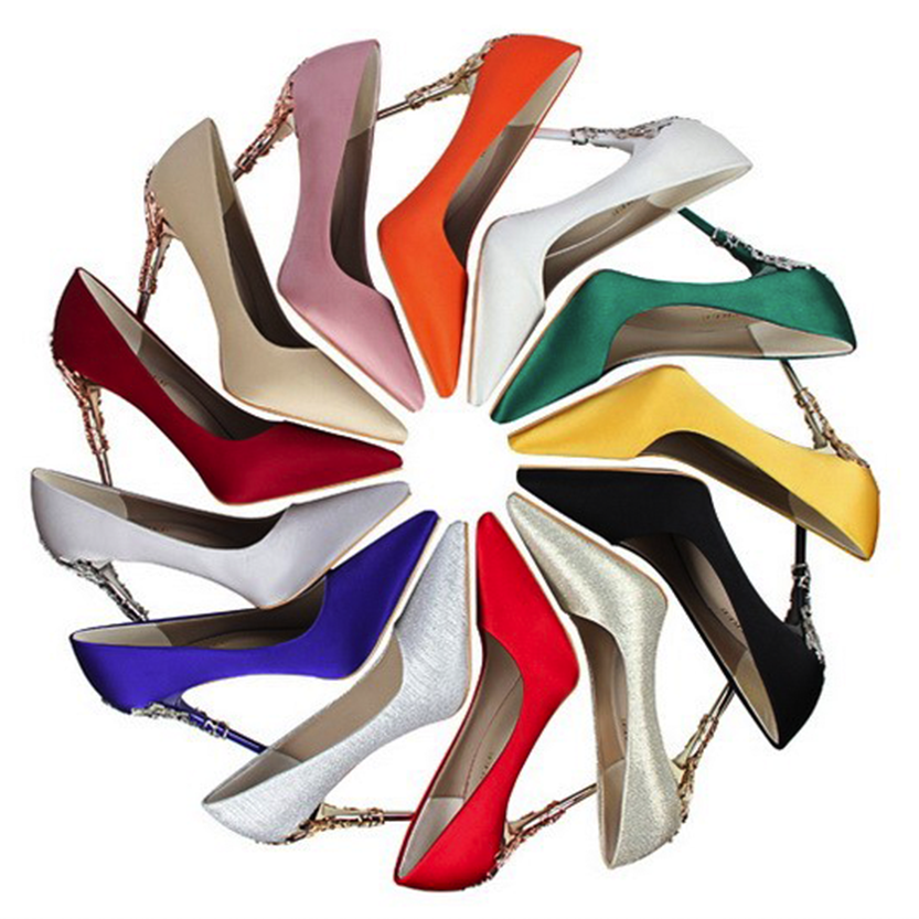 Funki Findz | Shoes | Women's Silk Stilettos | Metal Carved Heels