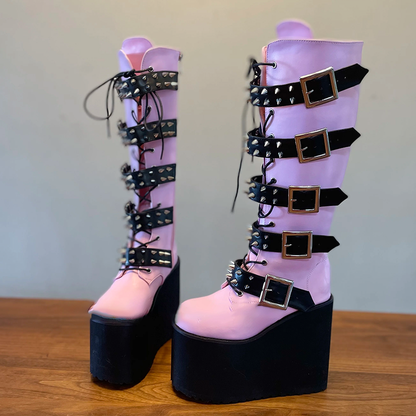 Funki Findz | Boots | Women's Pink Studded Belt Platform Boots