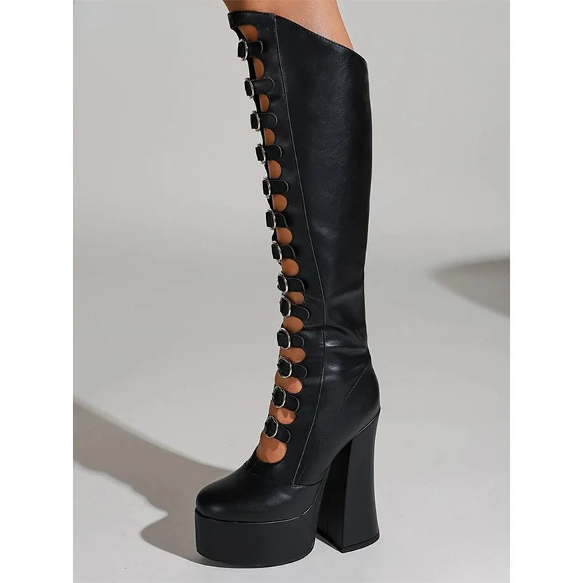 Funki Findz | Boots | Women's Cut Out Chunky Knee High Boots