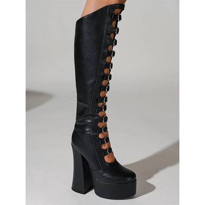 Funki Findz | Boots | Women's Cut Out Chunky Knee High Boots