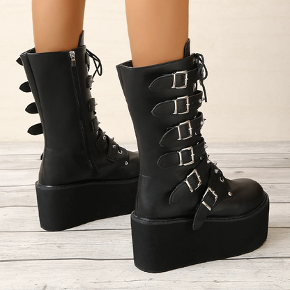 Funki Findz | Boots | Women's Buckle Strap Wedge Biker Boots