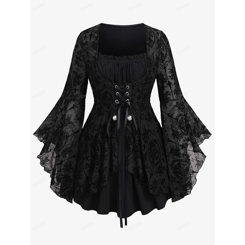 Funki Findz | Shirts | Women's Gothic Punk Floral Lace Up Top