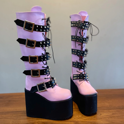 Funki Findz | Boots | Women's Pink Studded Belt Platform Boots