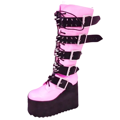 Funki Findz | Boots | Women's Pink Studded Belt Platform Boots