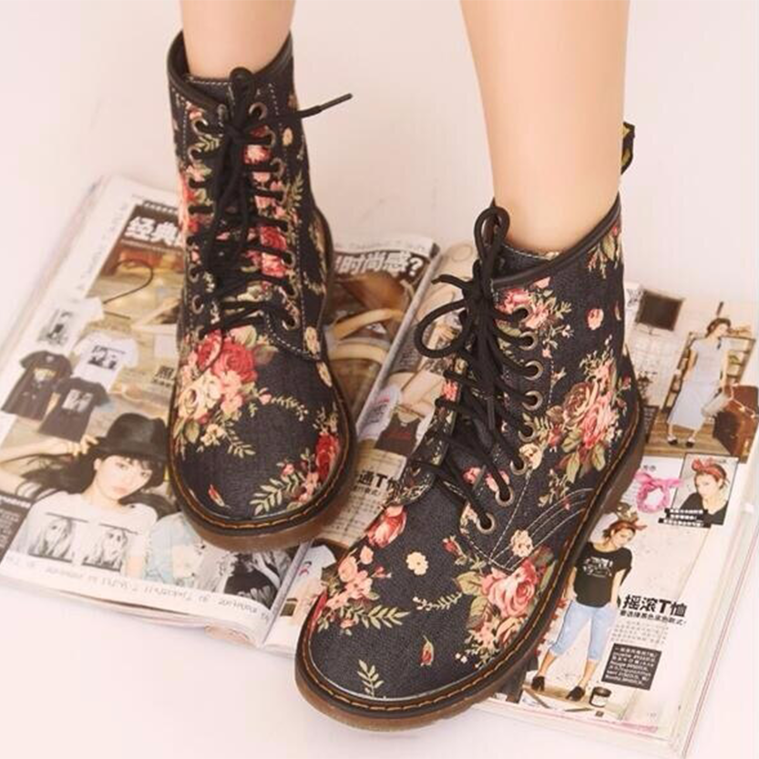 Funki Findz | Boots | Women's Canvas Flower Print Ankle Boots