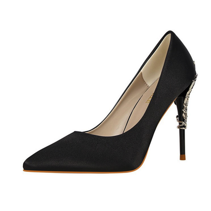 Funki Findz | Shoes | Women's Silk Stilettos | Metal Carved Heels