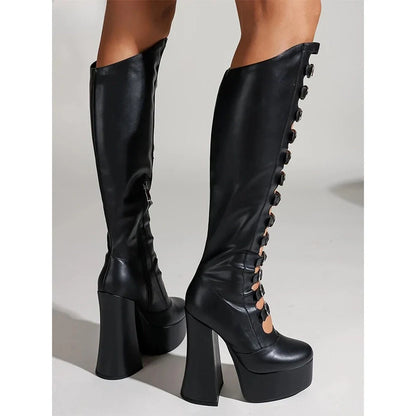 Funki Findz | Boots | Women's Cut Out Chunky Knee High Boots