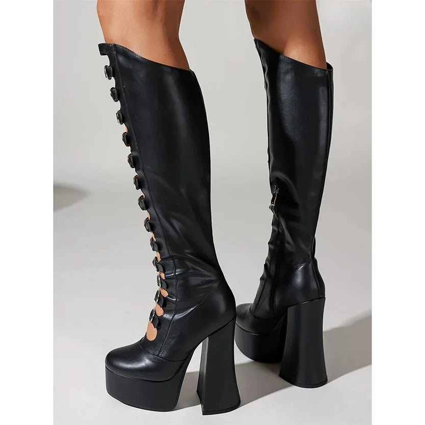 Funki Findz | Boots | Women's Cut Out Chunky Knee High Boots