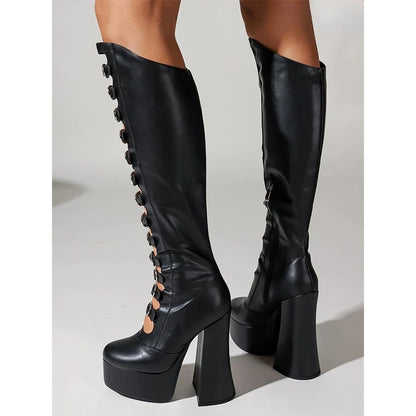 Funki Findz | Boots | Women's Cut Out Chunky Knee High Boots