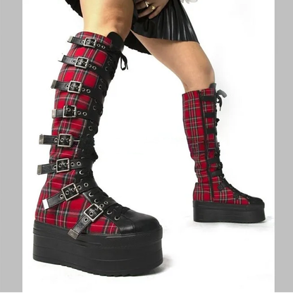 Funki Findz | Boots | Women's Plaid Buckle Platform Wedge Boot