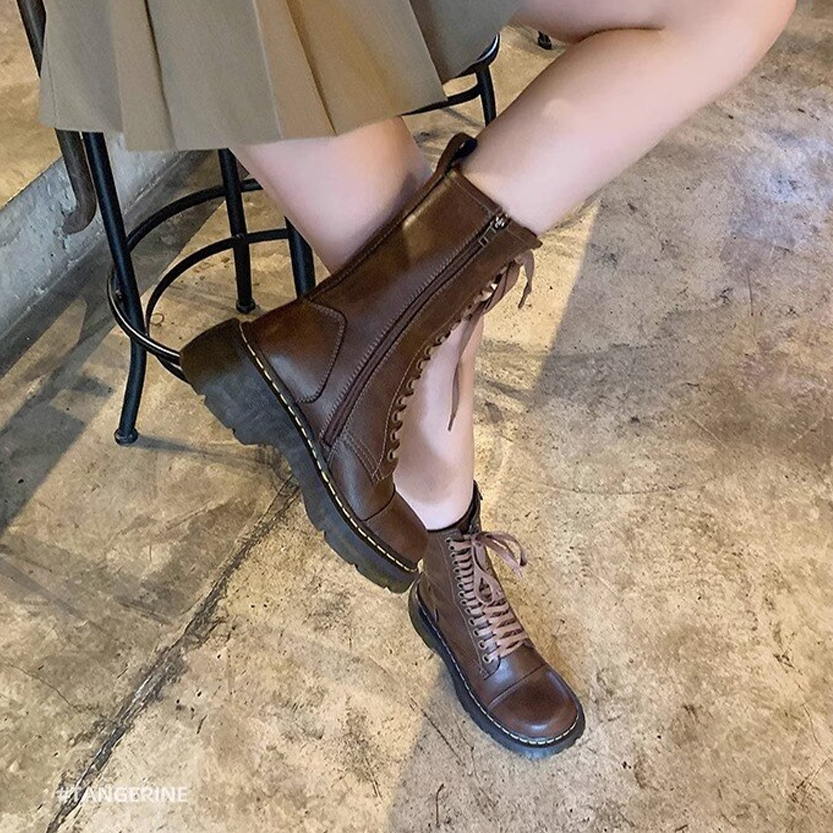 Funki Findz | Boots | Women's Brown Lace Up Calf Combat Boot