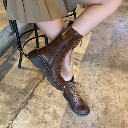 Funki Findz | Boots | Women's Brown Lace Up Calf Combat Boot