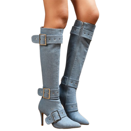 Funki Findz | Boots | Women's Denim Buckle Strap Stiletto Boots