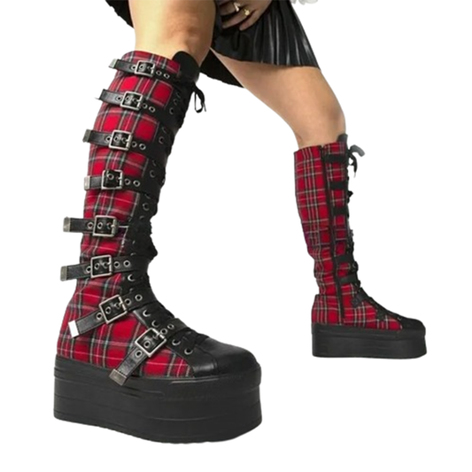 Funki Findz | Boots | Women's Plaid Buckle Platform Wedge Boot