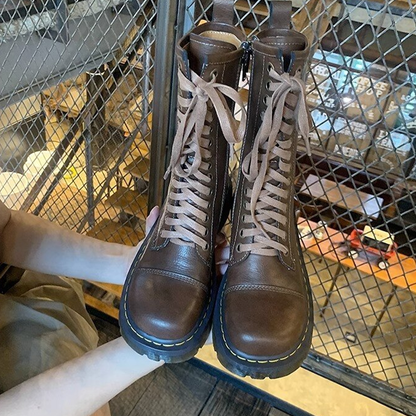 Funki Findz | Boots | Women's Brown Lace Up Calf Combat Boot