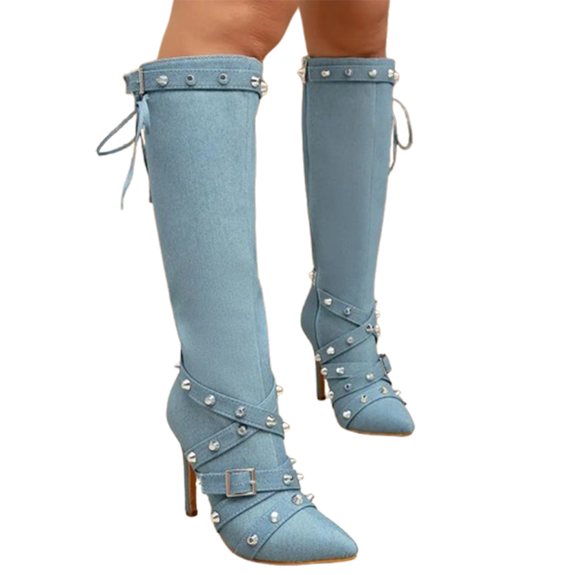 Funki Findz | Boots | Women's Denim Cross Strap Buckle Boots